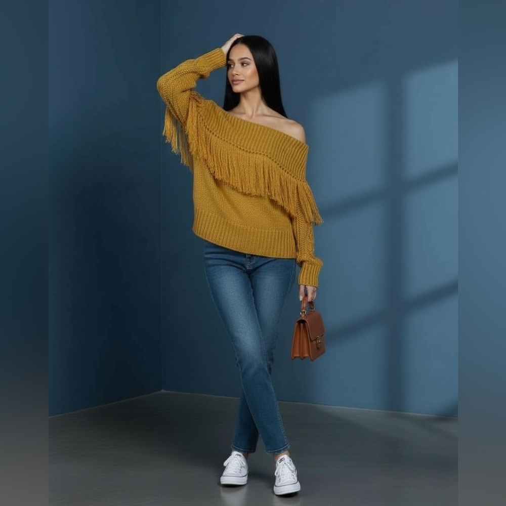 Stylish Mustard Off-Shoulder Sweater with Fringe